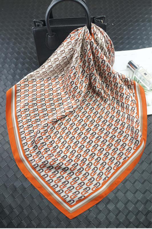 Foulard Shawl Silk Satin Geometric Orange Beige